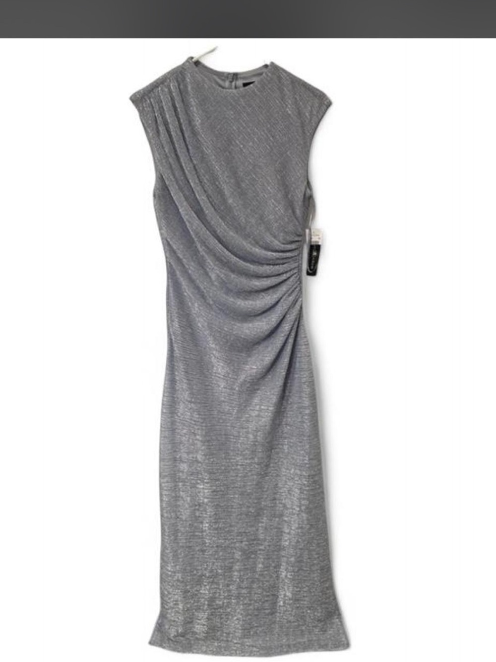 Betsy & Adam One-Shoulder Metallic Silver/Babyblue Ruched Gown